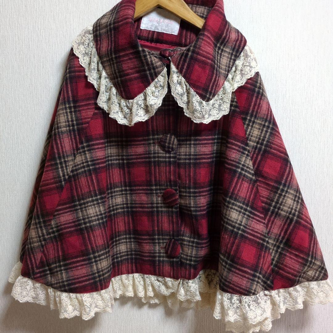 リズリサ　レース付き赤チェックポンチョ