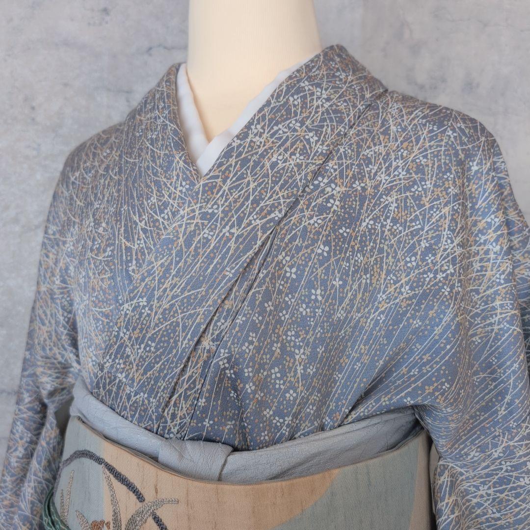 小紋　フルセット　着物　正絹　青紺地　帯ユニーク　色彩　F7