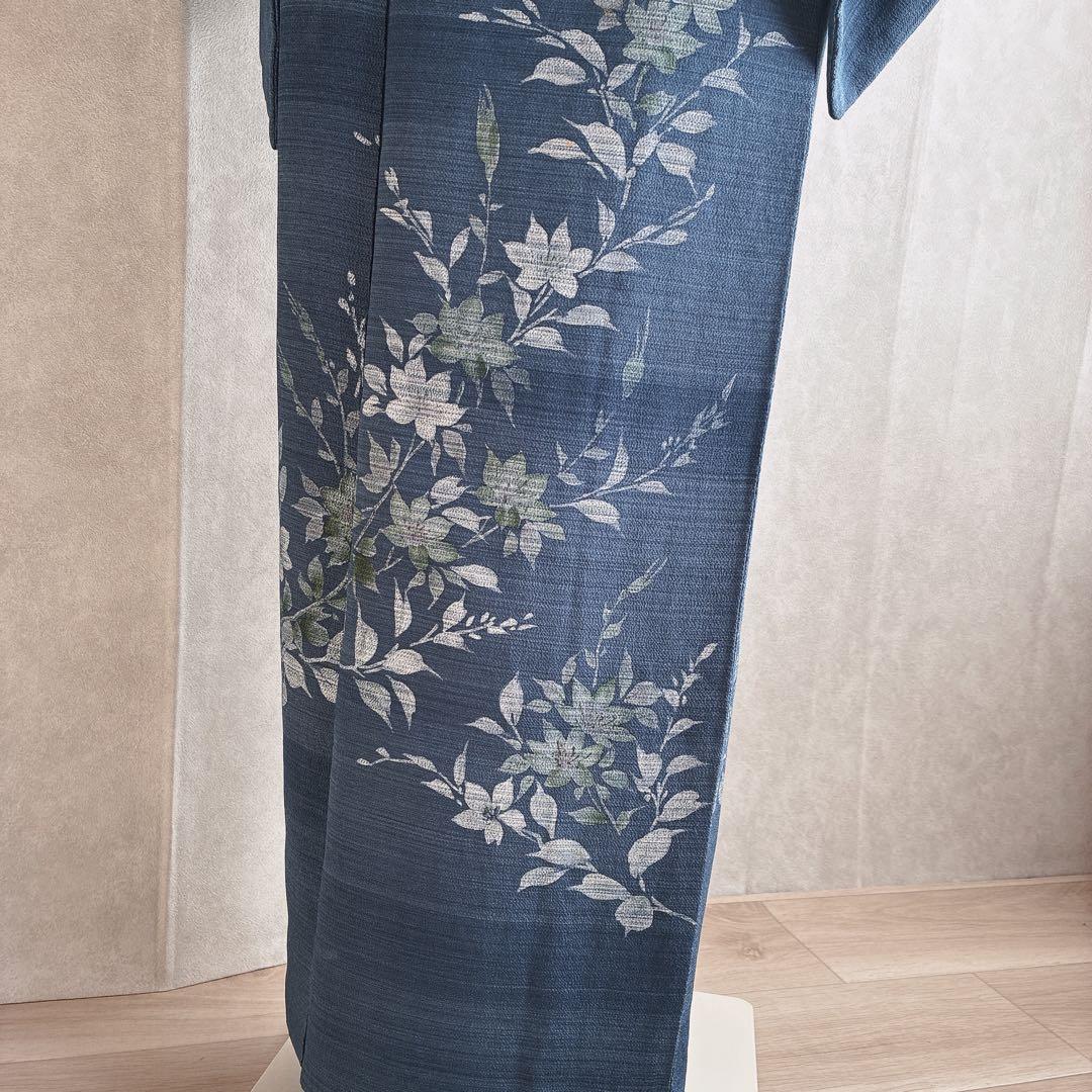 訪問着　フルセット　着物　正絹　紺色　ちりめん　凛やか草花　N3