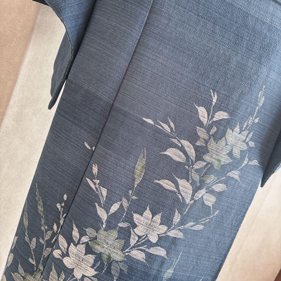 訪問着　フルセット　着物　正絹　紺色　ちりめん　凛やか草花　N3