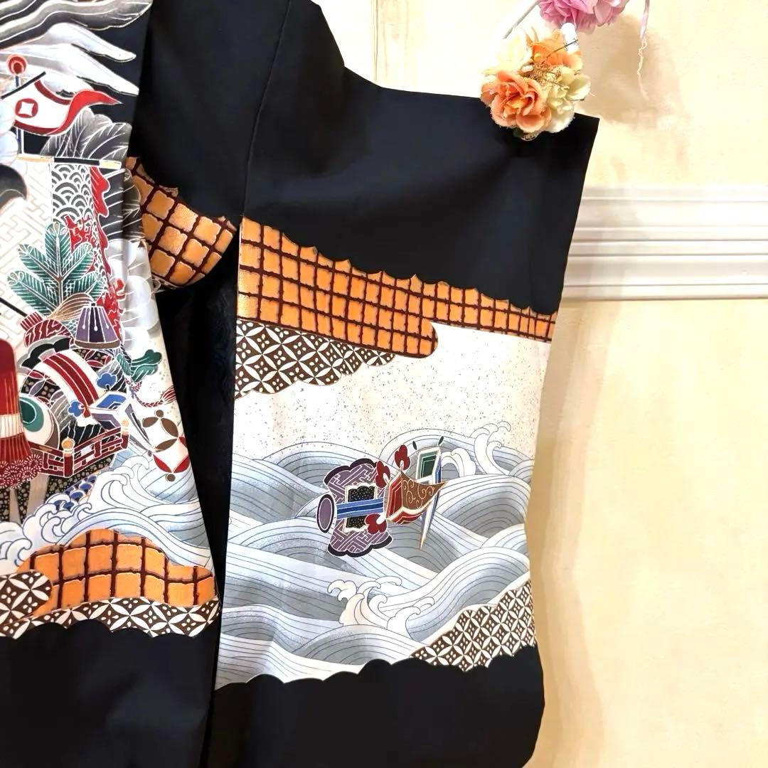 美品‼️七五三 五歳‼️人気の黒地に鷹 太鼓 金彩煌びやか❤️完全フルセット