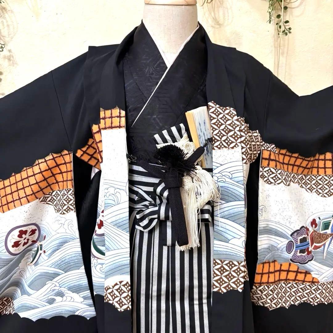 美品‼️七五三 五歳‼️人気の黒地に鷹 太鼓 金彩煌びやか❤️完全フルセット