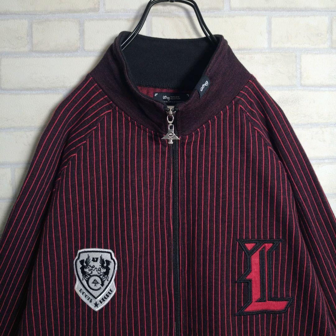 個性派古着★LRG 総刺繍 ストライプ トラックジャケット 黒×赤 2XL