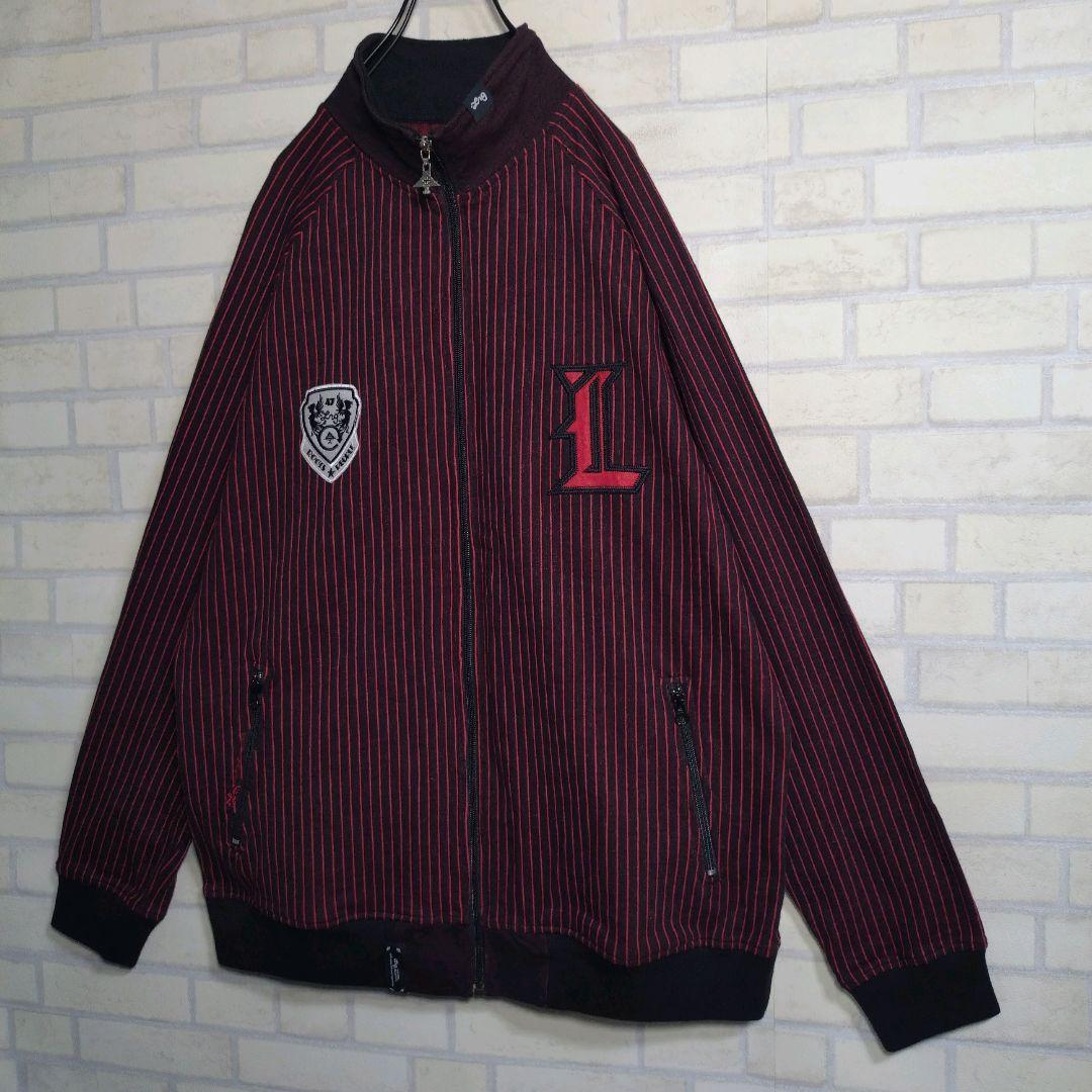 個性派古着★LRG 総刺繍 ストライプ トラックジャケット 黒×赤 2XL