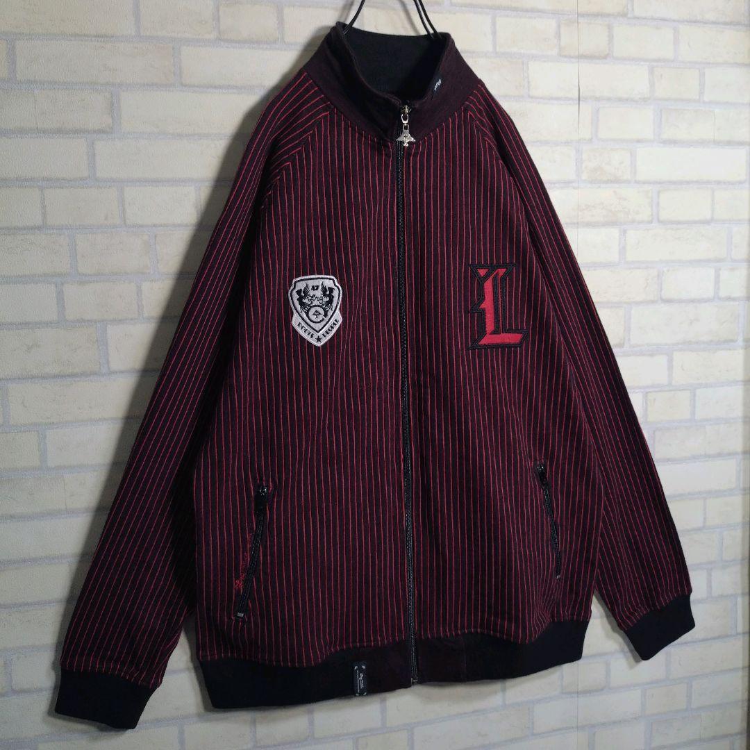 個性派古着★LRG 総刺繍 ストライプ トラックジャケット 黒×赤 2XL