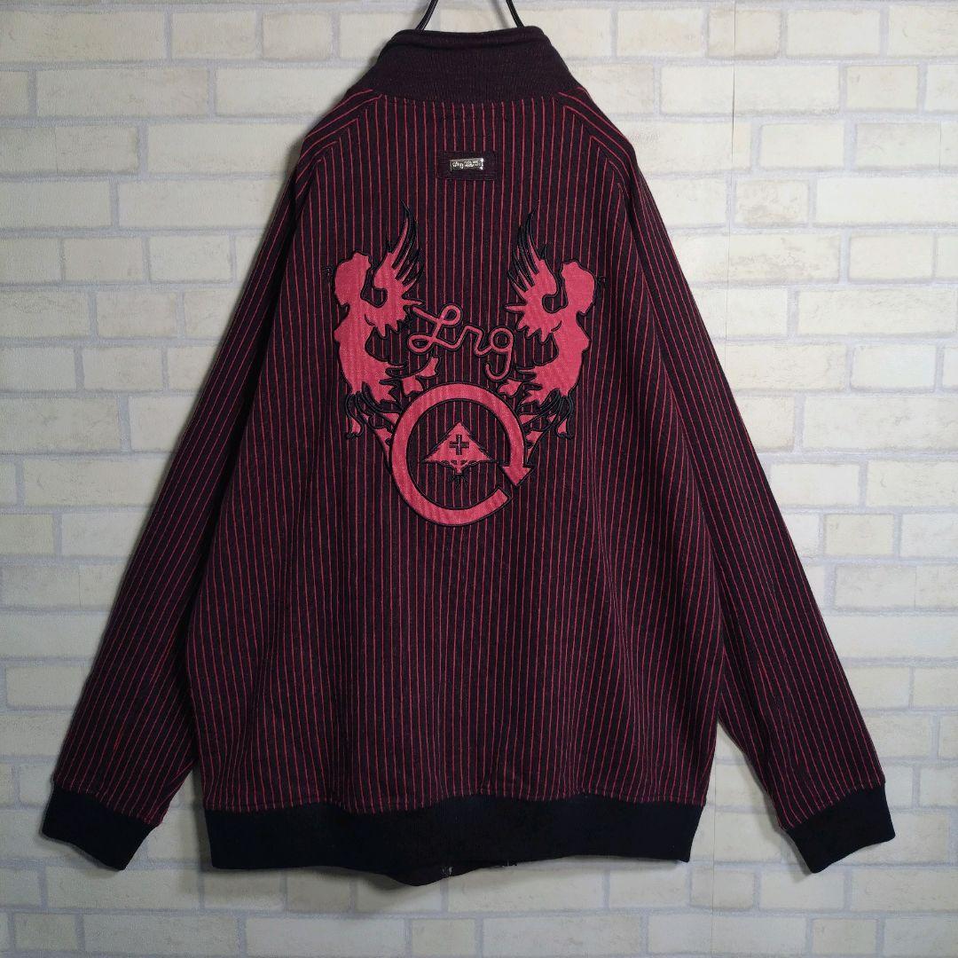 個性派古着★LRG 総刺繍 ストライプ トラックジャケット 黒×赤 2XL