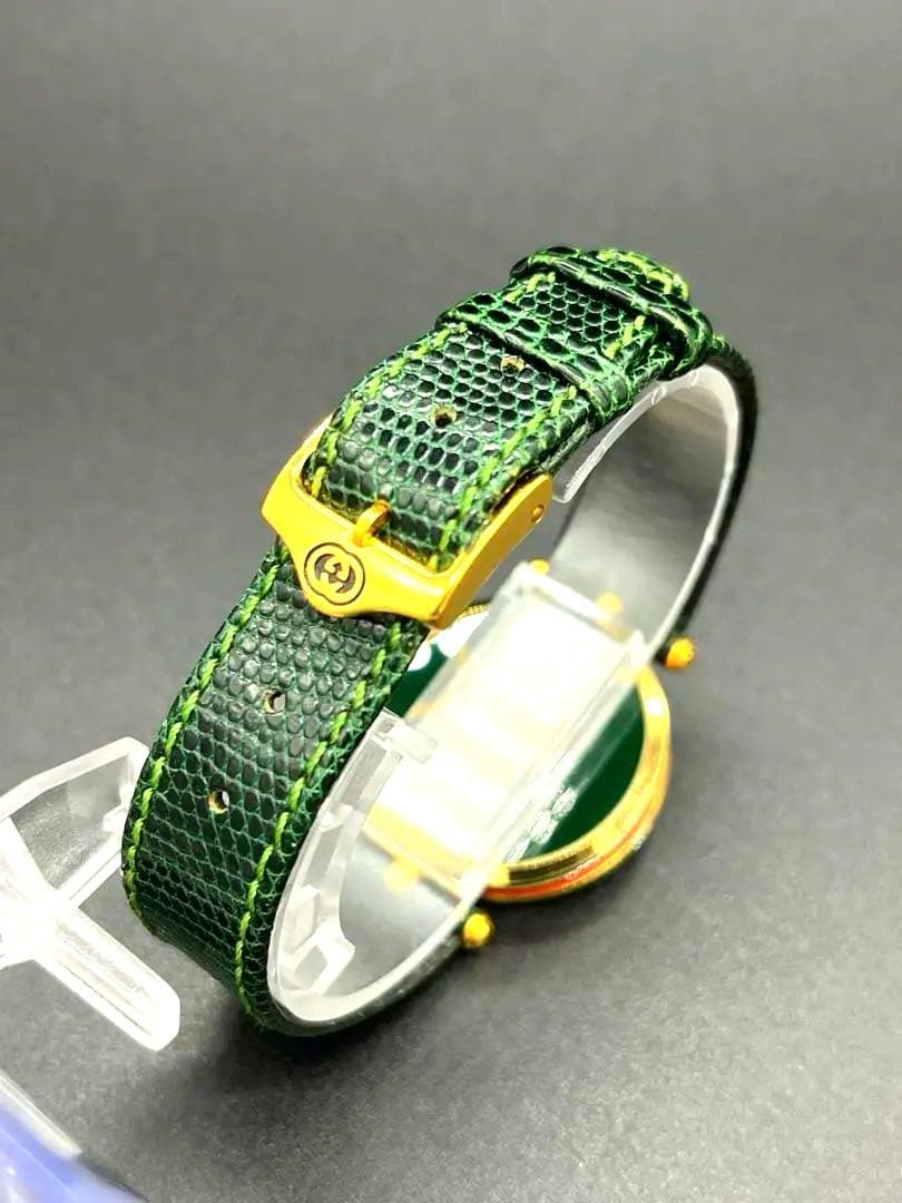 稼働品 GUCCI 腕時計 新品電池交換 レディース シェリーライン 緑 金