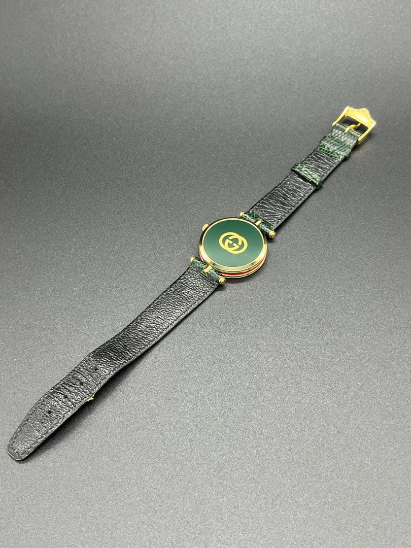 稼働品 GUCCI 腕時計 新品電池交換 レディース シェリーライン 緑 金