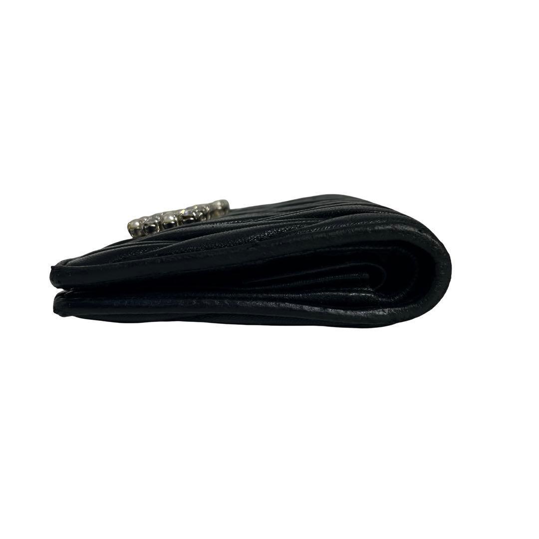 レア✨ミュウミュウ 二つ折り財布 ロゴ ビジュー マテラッセ レザー 黒