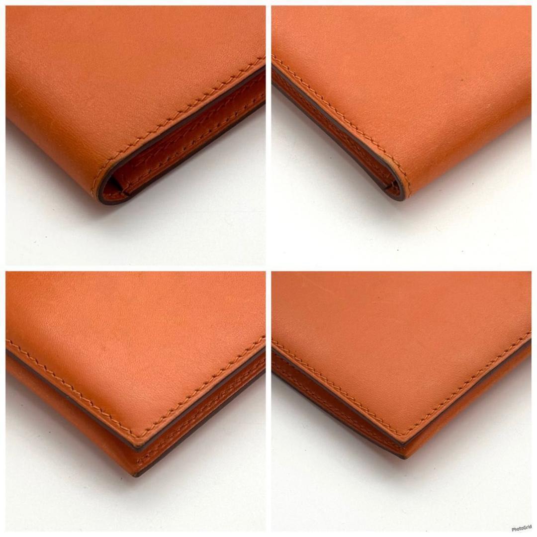 【美品】エルメス ベアン クラシック ボックスカーフ 二つ折り 長財布 オレンジ