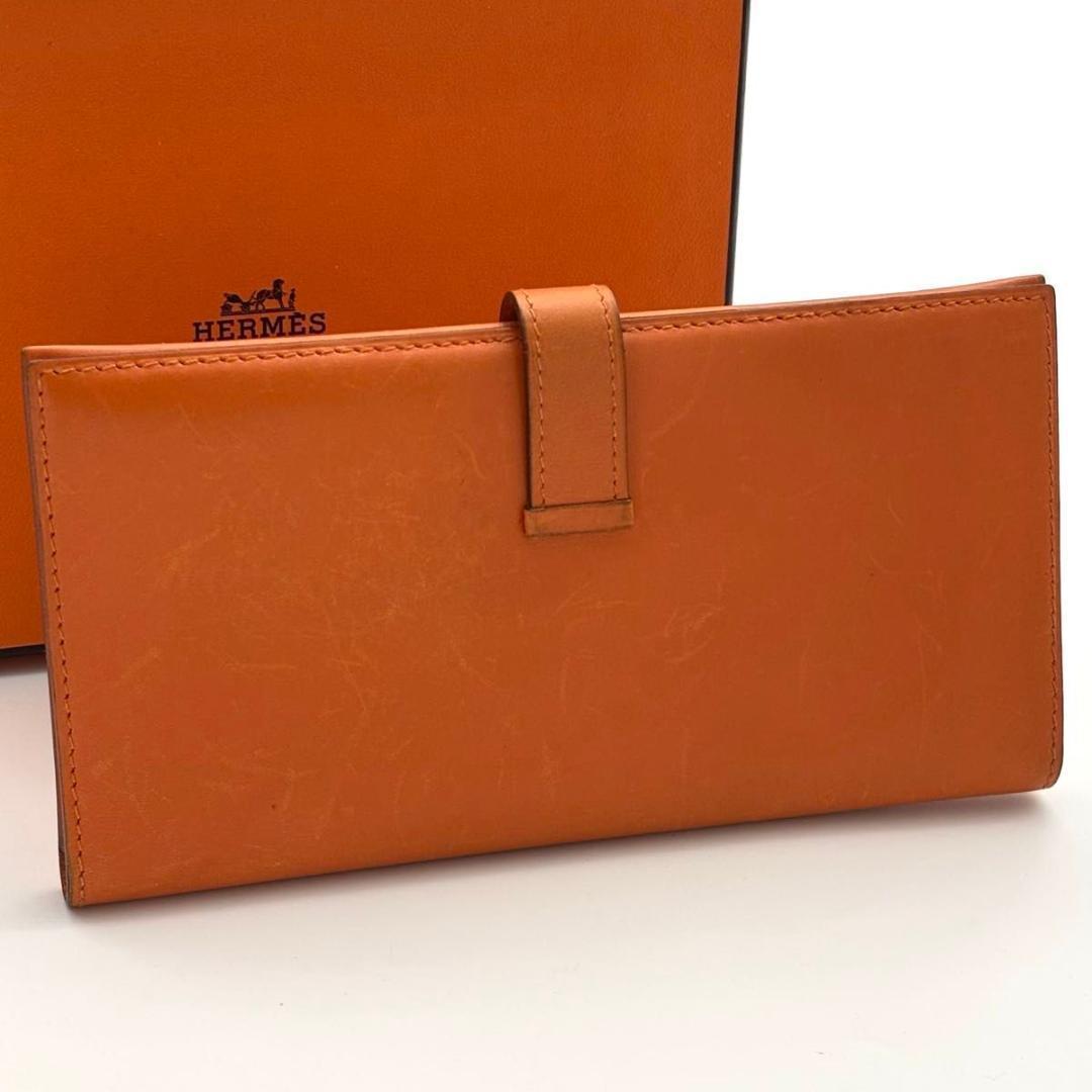 【美品】エルメス ベアン クラシック ボックスカーフ 二つ折り 長財布 オレンジ