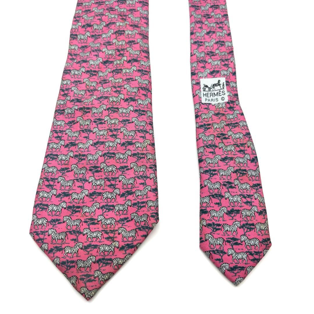 【極美品】HERMES エルメス ネクタイ ピンク シマウマ 動物 アニマル