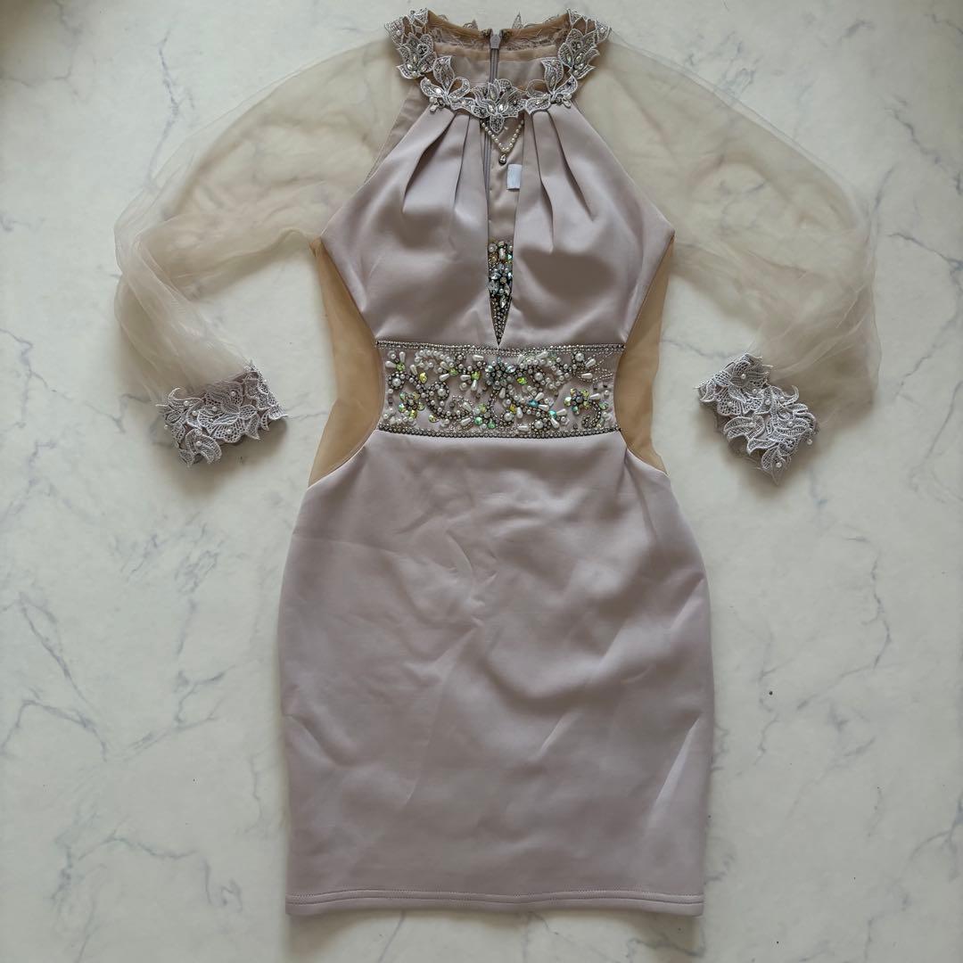 ベージュ ビーズ刺繍 タイトドレス Sサイズ