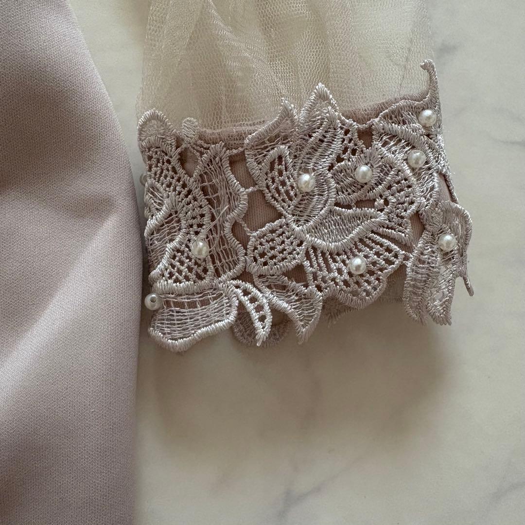 ベージュ ビーズ刺繍 タイトドレス Sサイズ