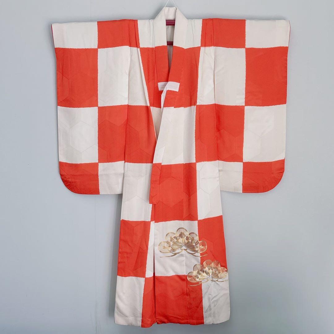 七五三　７歳　女の子　フルセット　オレンジ×白　市松　小物セット