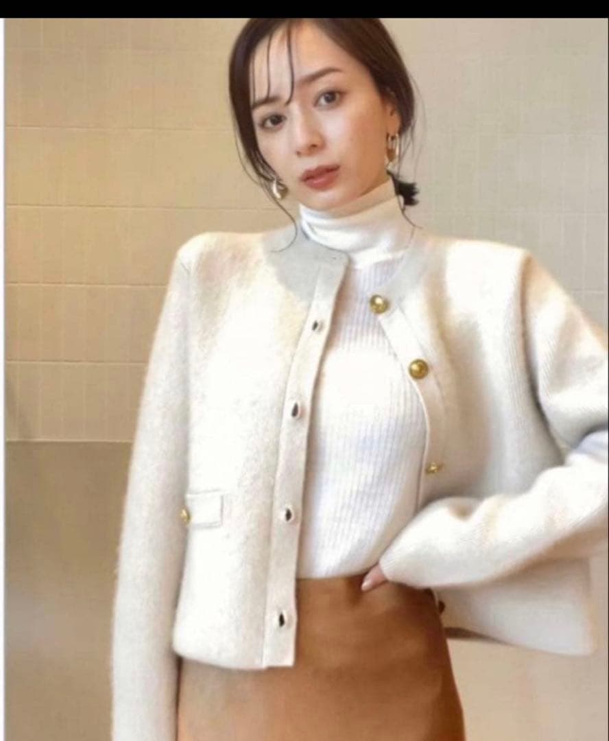 anuans ラクーンブレンドノーカラーニットジャケット アイボリー