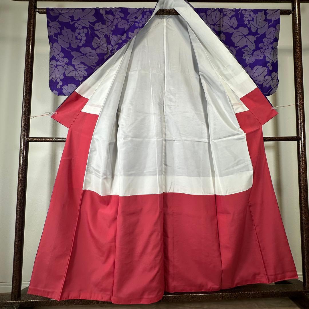 超美品　袷　正絹　着物　157 アンティーク　ヴィンテージ　銘仙　紫　ぶどう