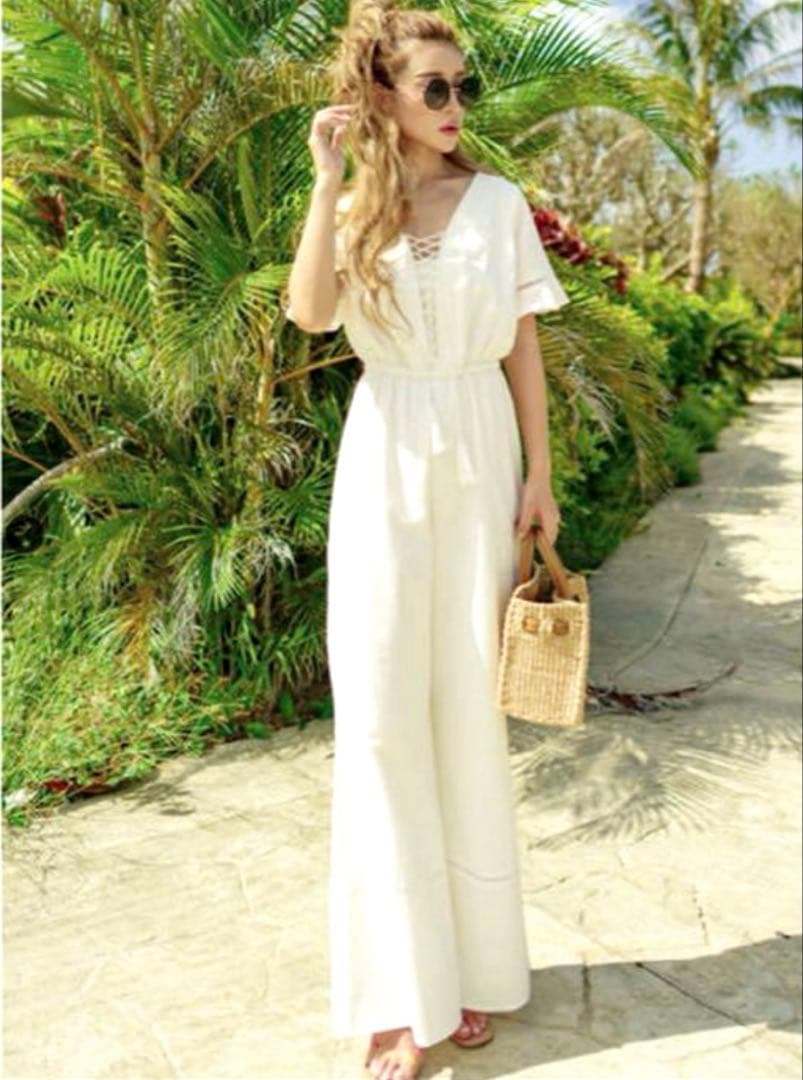 良品　Glam Lips レースアップデザインオールインワン　コットンリネン