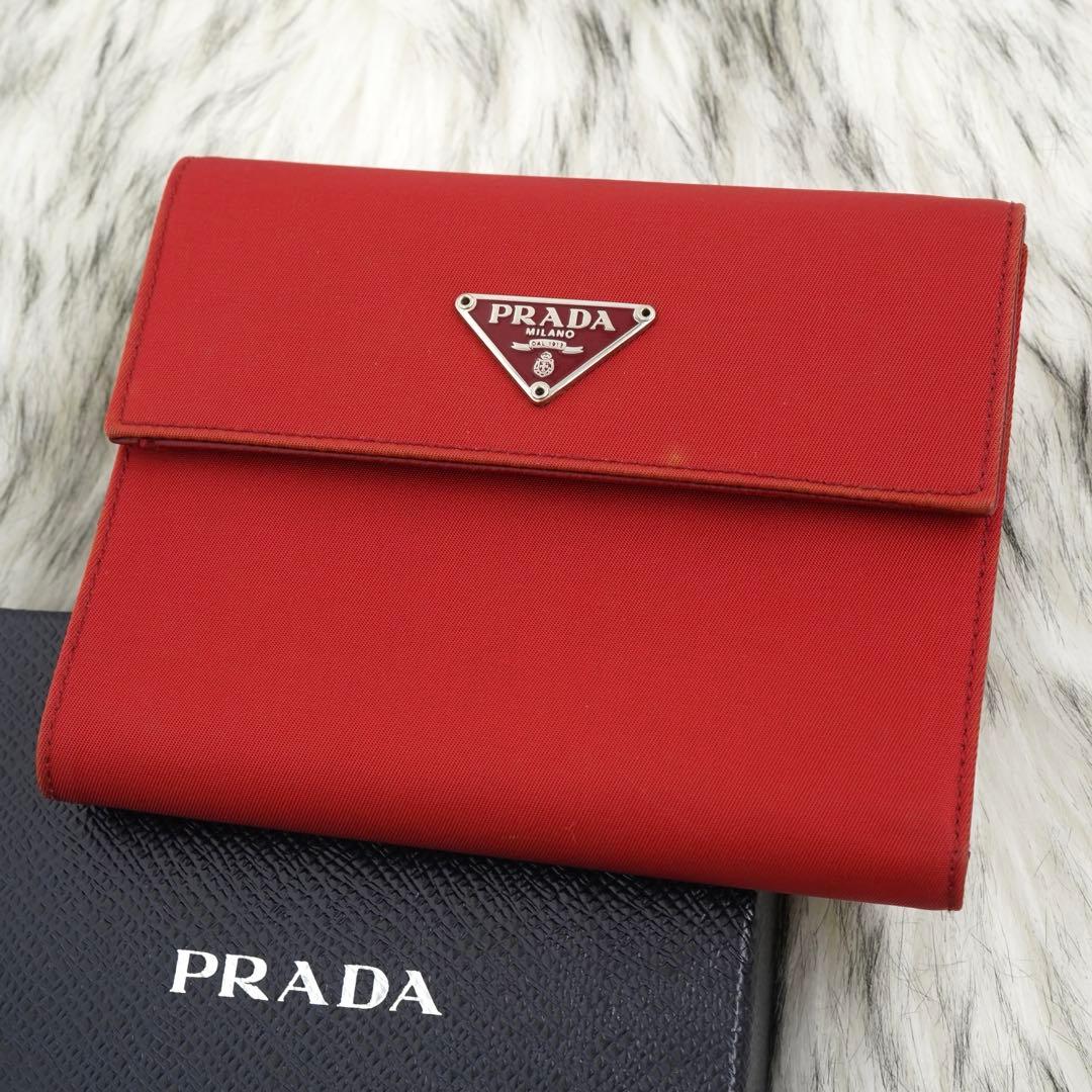 極美品　PRADA プラダ　三つ折り財布　ナイロン　三角プレート　レッド　希少