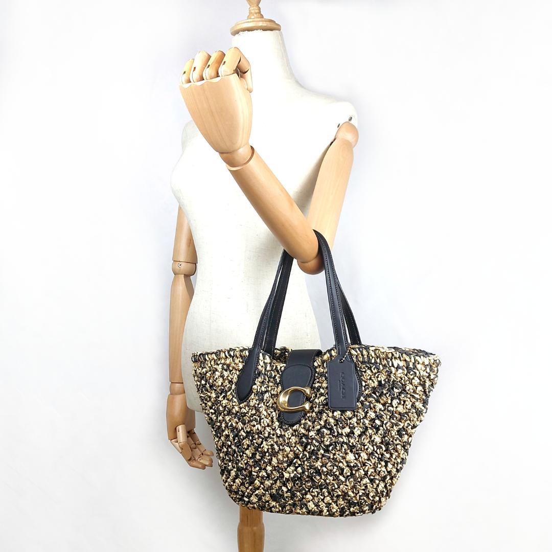 COACH コーチ トートバッグ ストロー かごバッグ スムースレザー ポーチ付