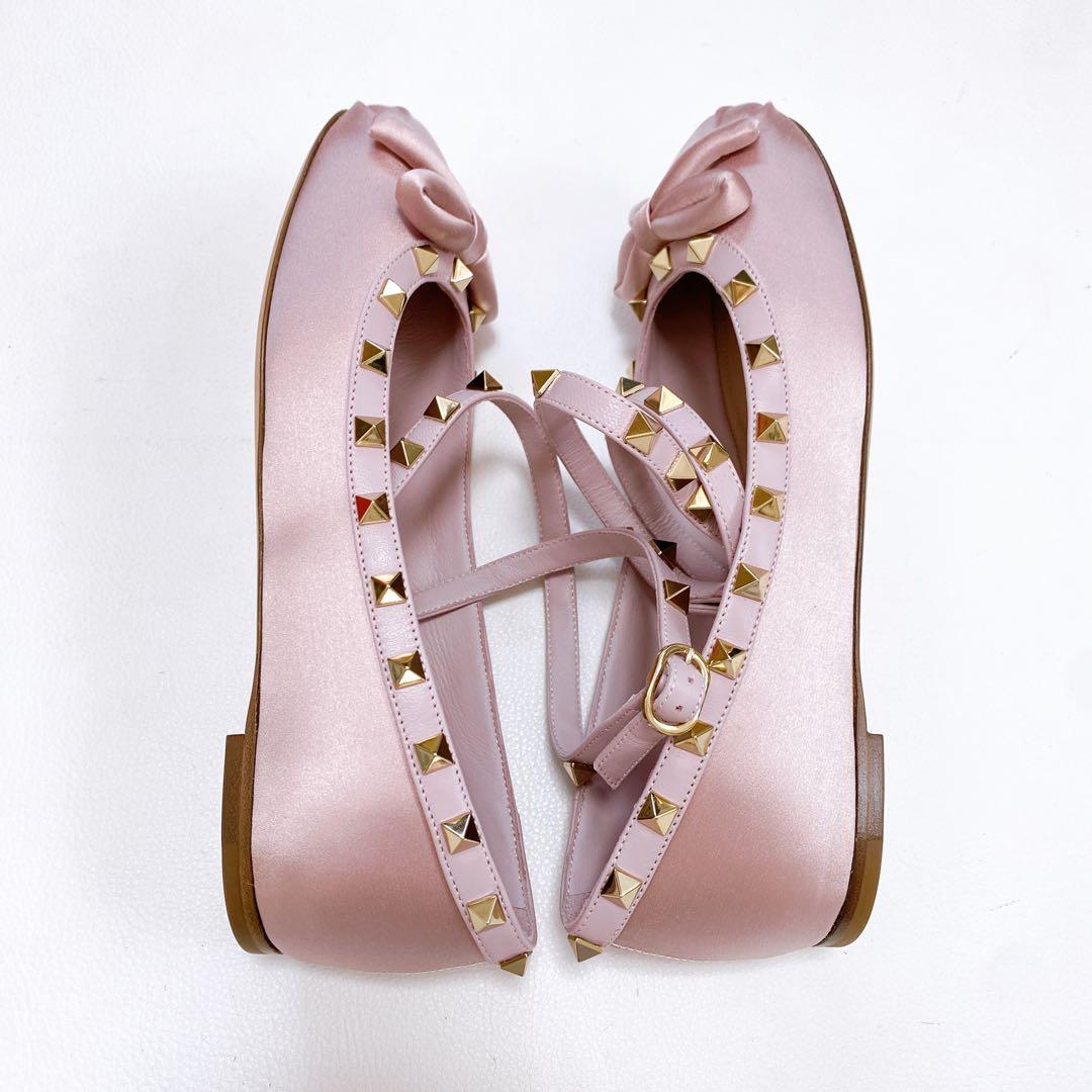 美品 Valentino ロックスタッズ サテンバレリーナシューズ ピンク