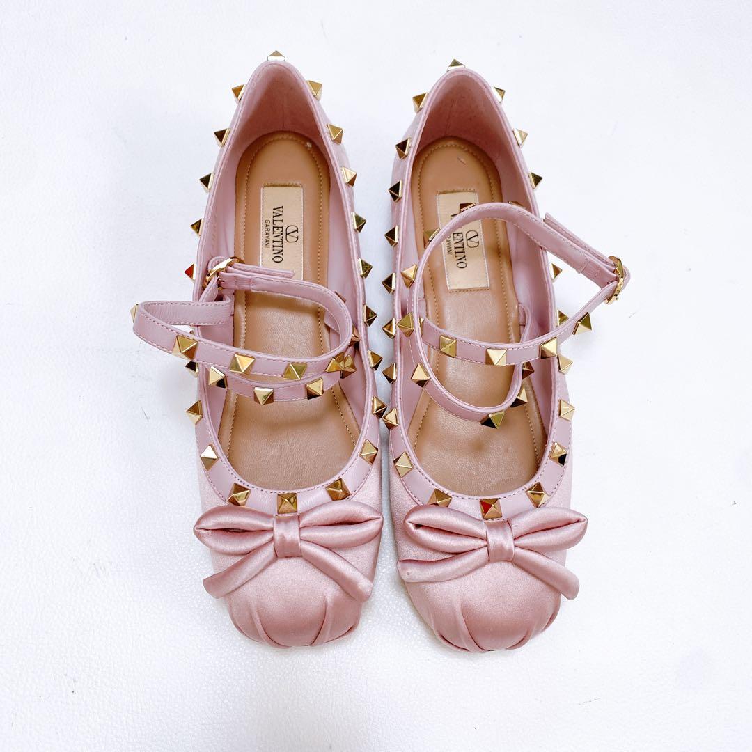 美品 Valentino ロックスタッズ サテンバレリーナシューズ ピンク