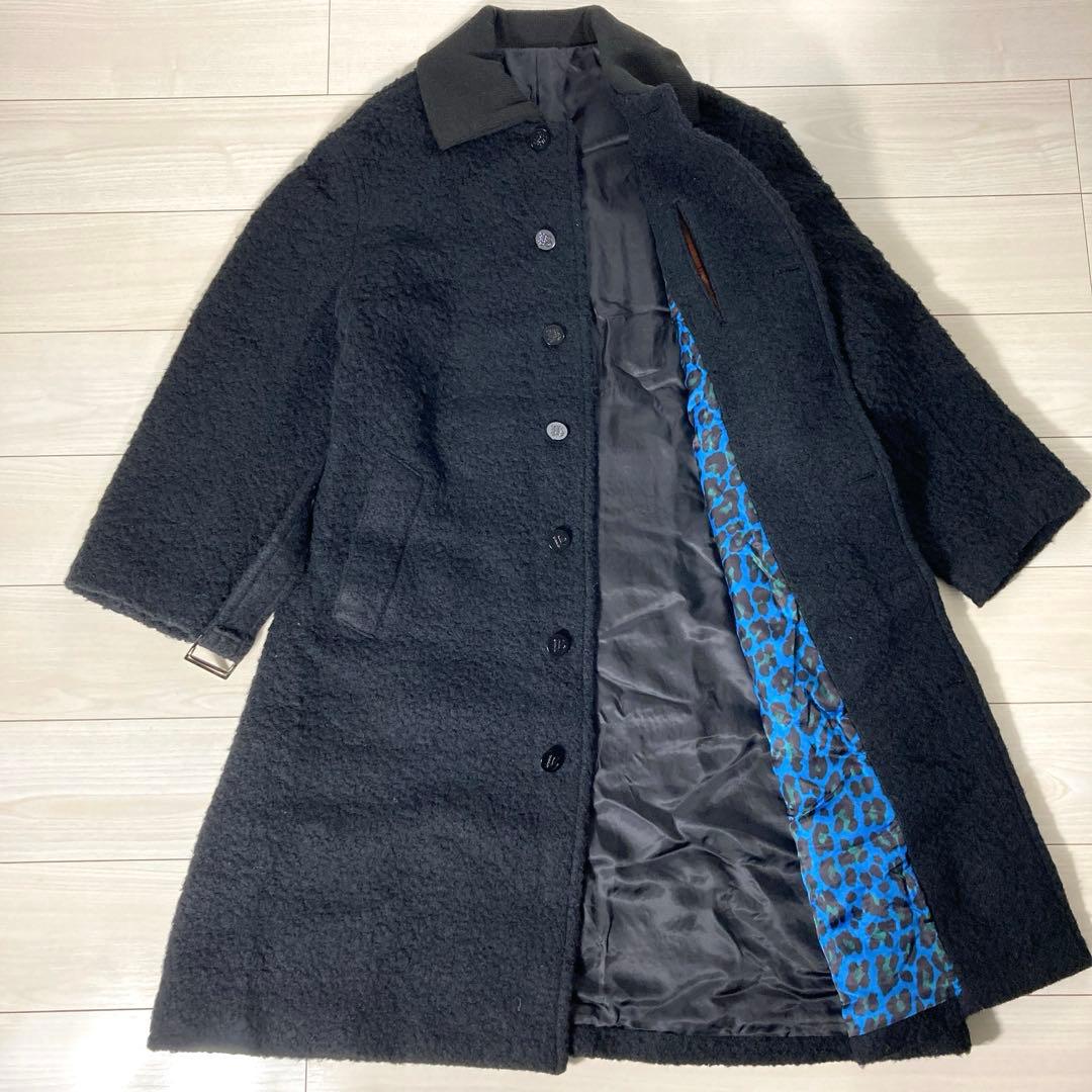 【現行美品】ポールスミス レオパード ボア ベルト付きウールロングコート L 黒