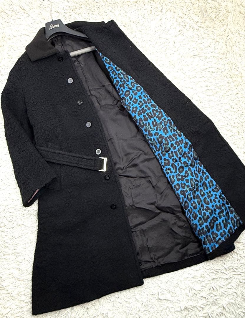 【現行美品】ポールスミス レオパード ボア ベルト付きウールロングコート L 黒