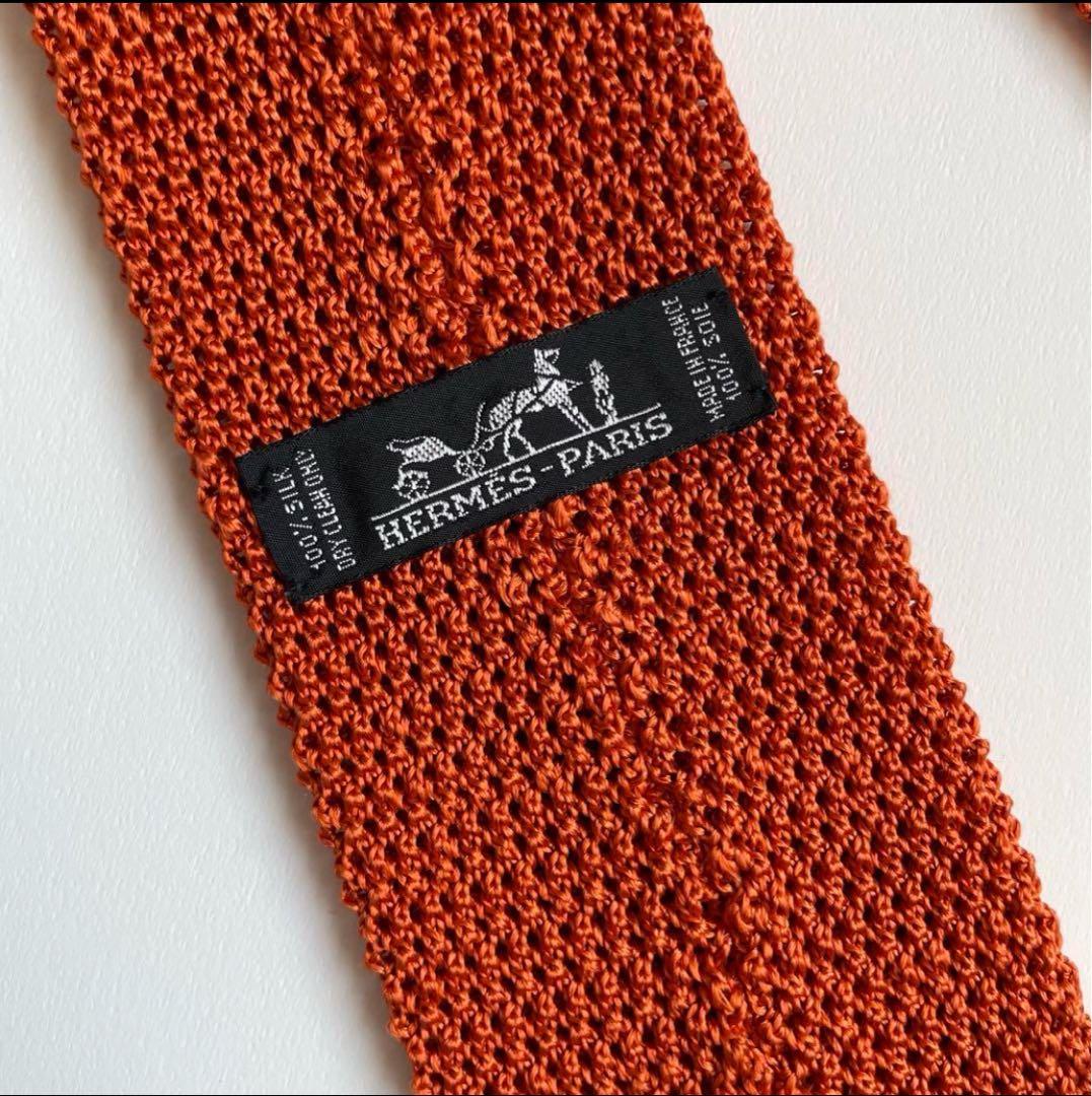 HERMES エルメス H刺繍シルクニットタイ オレンジ　ネクタイ