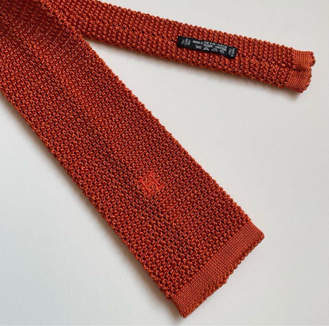 HERMES エルメス H刺繍シルクニットタイ オレンジ　ネクタイ