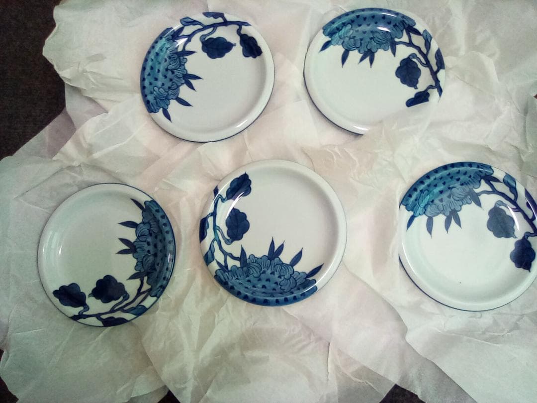 C**様 【未使用品】有田焼 源右衛門窯 染付向日葵絵 銘々皿　五枚セット