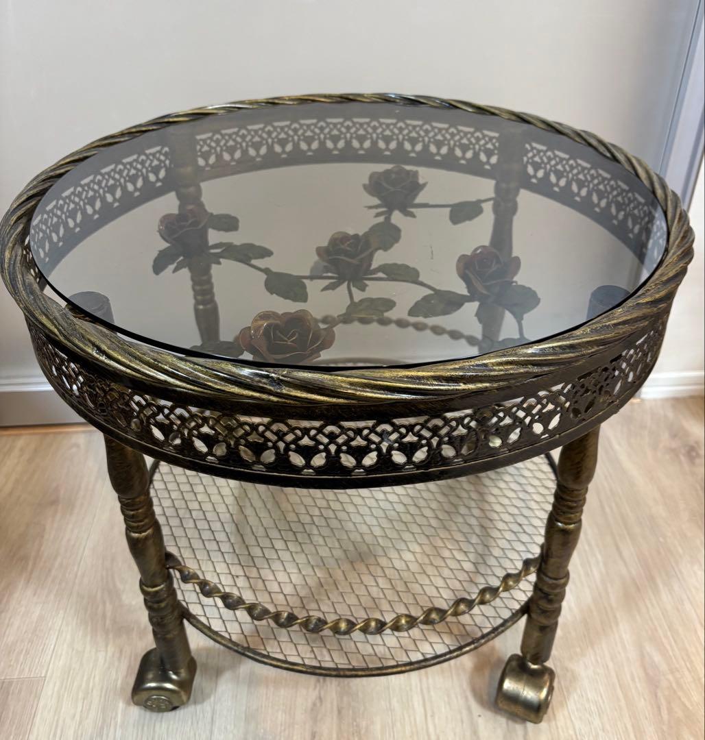 アンティーク　薔薇のガラステーブル　ルネサンス　花柄ガラステーブル　美品