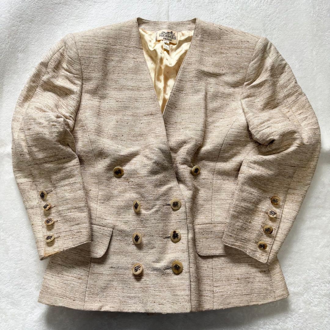 HERMES ジャケット 42 裏地 総柄 ゴールド ロゴ ボタン ブレザー