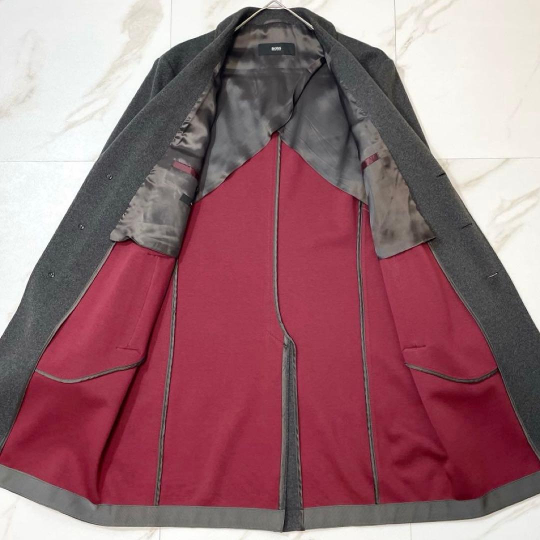 【美品】ヒューゴボス チェスターコート ストレッチ ロング 裏地赤 グレー 50