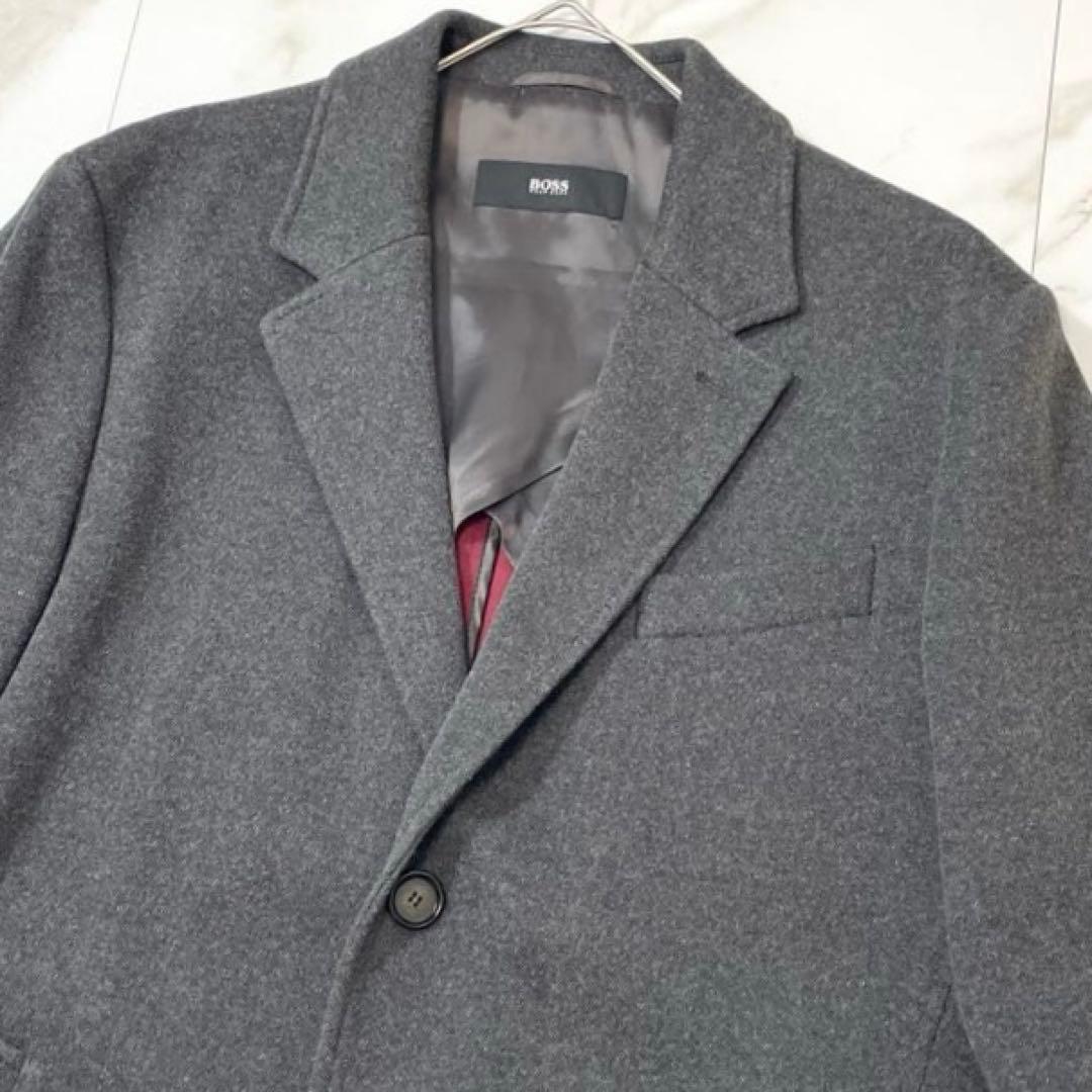 【美品】ヒューゴボス チェスターコート ストレッチ ロング 裏地赤 グレー 50