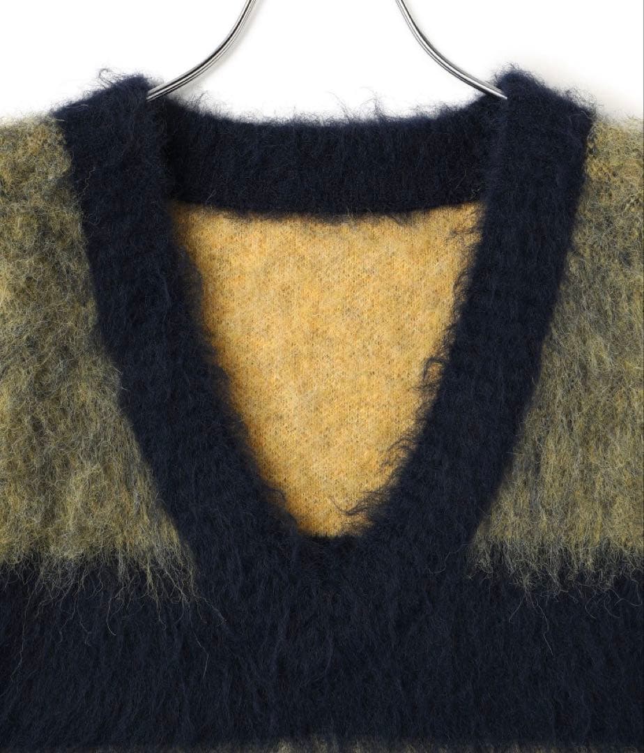 アダムエロぺ　ブラッシュドボーダーベスト　ブルー系　ファー