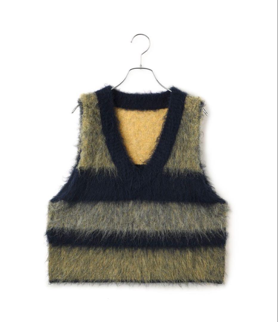 アダムエロぺ　ブラッシュドボーダーベスト　ブルー系　ファー