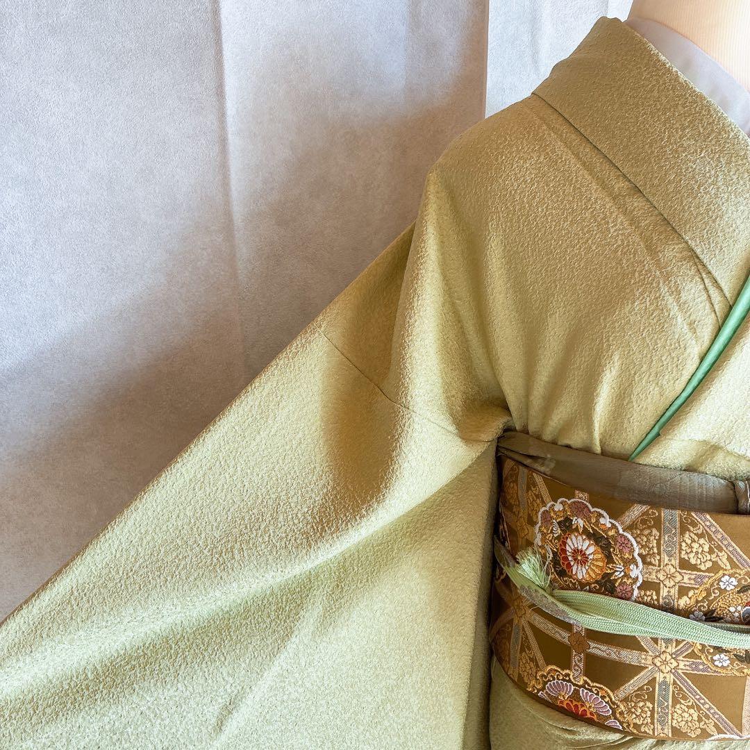 色無地　フルセット　着物　正絹　ロング丈　比翼仕立　グリーン系　瑞寶　落款　G7