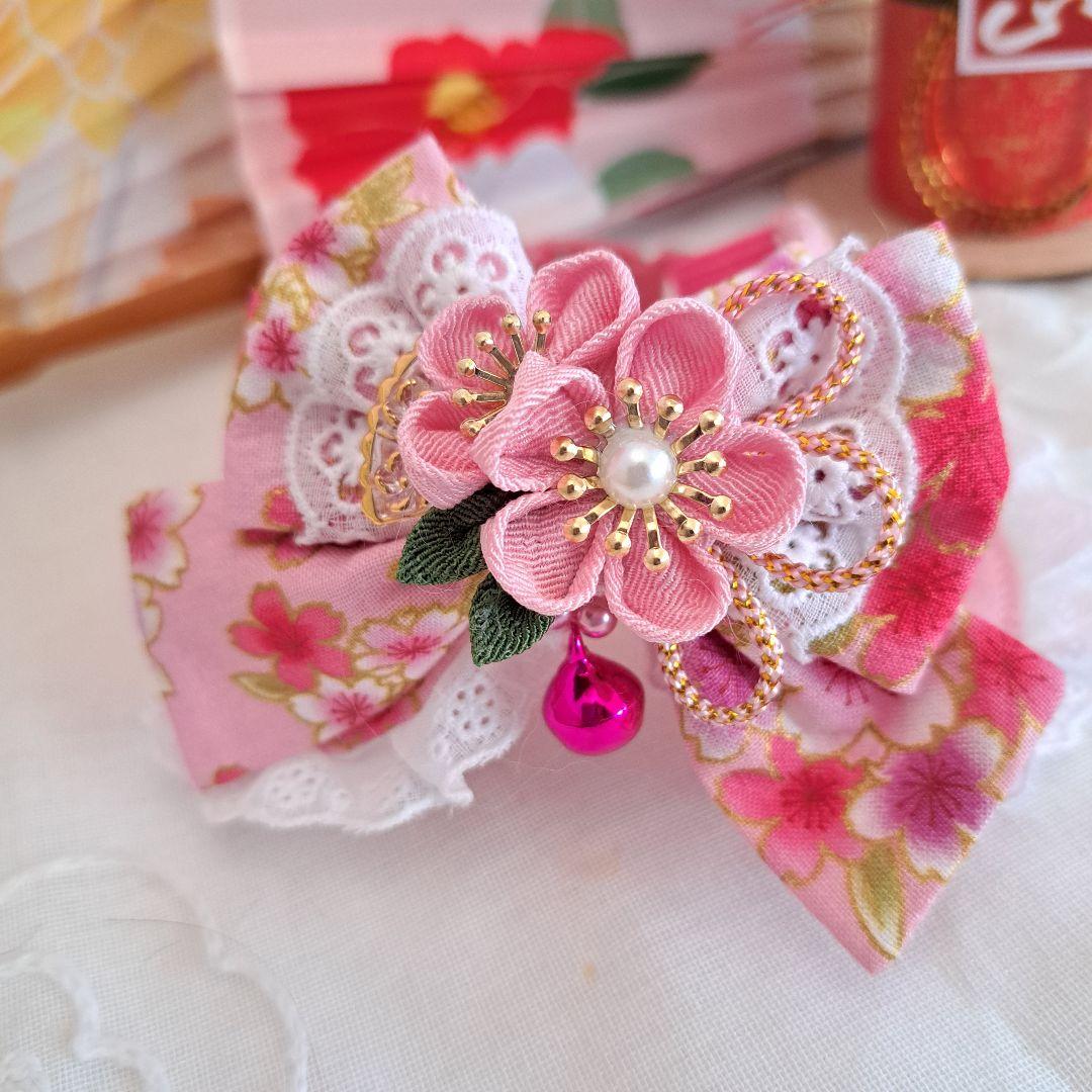 プッチ、お正月仕様和風つまみ細工(ピンク⑤)わんちゃん猫ちゃん用襟つき首輪