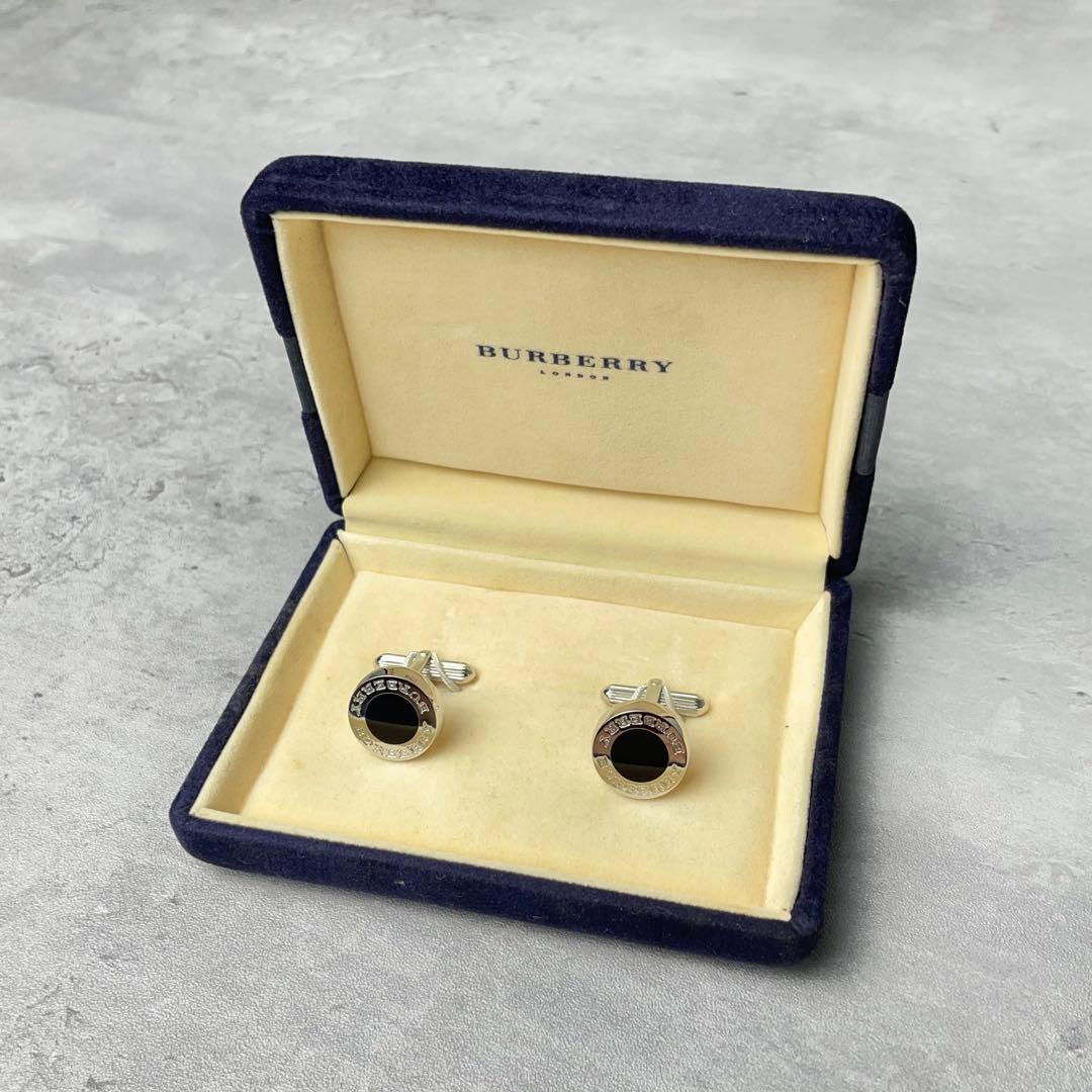 BURBERRY バーバリー サークル型 オニキス ロゴ刻印 カフス シルバー