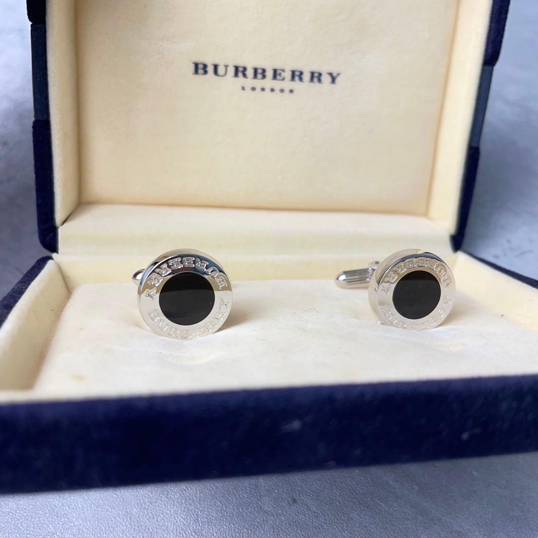 BURBERRY バーバリー サークル型 オニキス ロゴ刻印 カフス シルバー