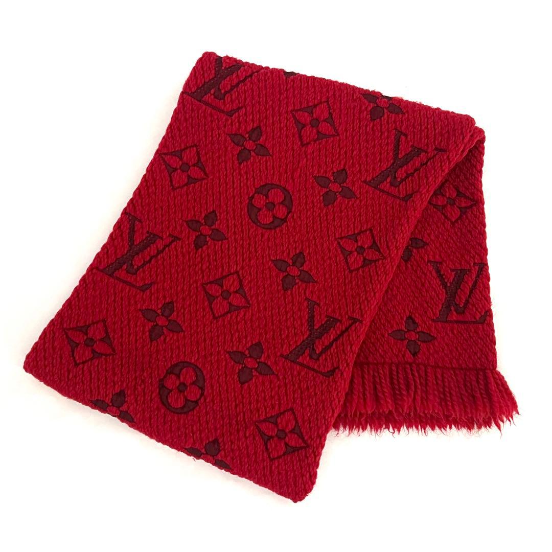 極美品✨赤ルイヴィトン エシャルプ ロゴマニア ルビー マフラー シルク ウール