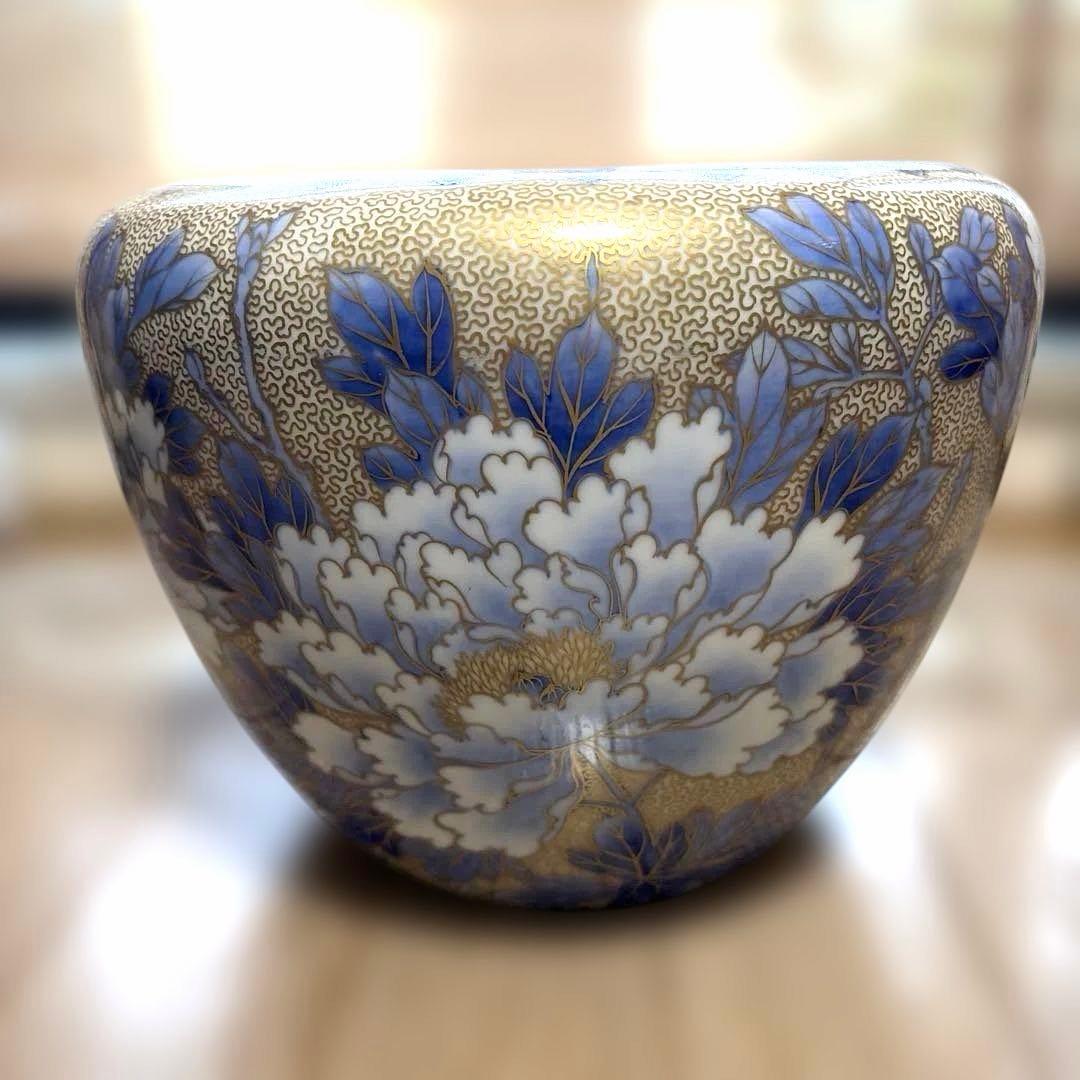 昭和の骨董 深川製磁 花瓶 芍薬 金縁 金彩 淡い青