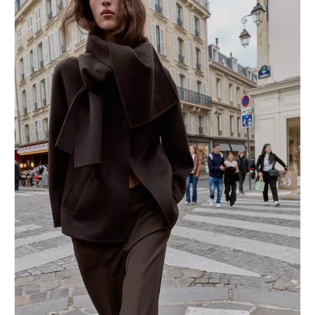 ZARA ウールショートスカーフコート Sサイズ 新品タグつき ブラウン