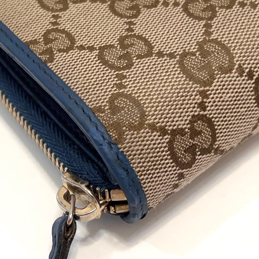 グッチ 折り財布 GGキャンバス GG ラウンドファスナー コンパクト ブルー