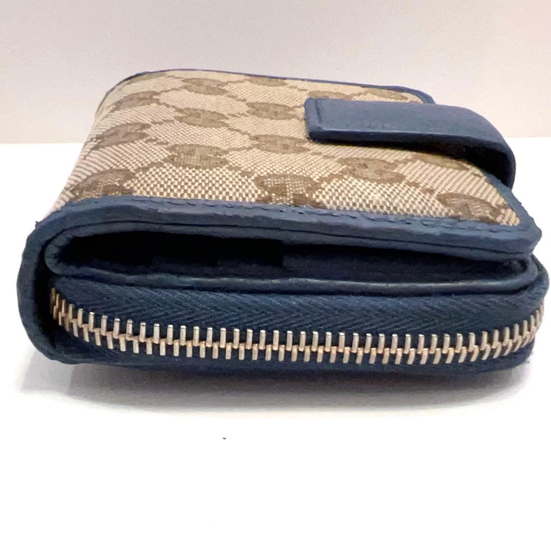 グッチ 折り財布 GGキャンバス GG ラウンドファスナー コンパクト ブルー