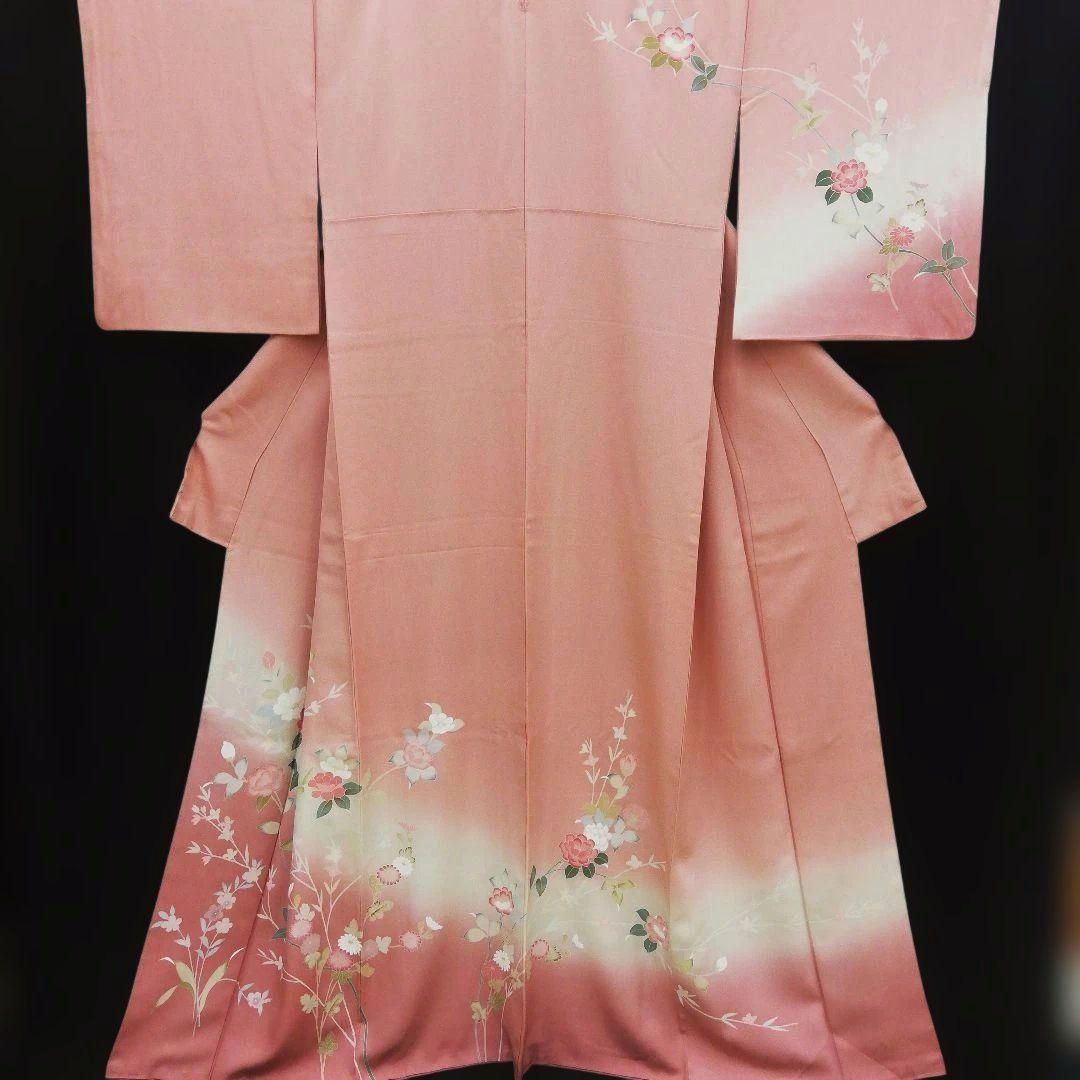 訪問着(袷)　(友禅四季の花紋様　トールサイズ裄69㌢　宍色系　一つ縫い紋)