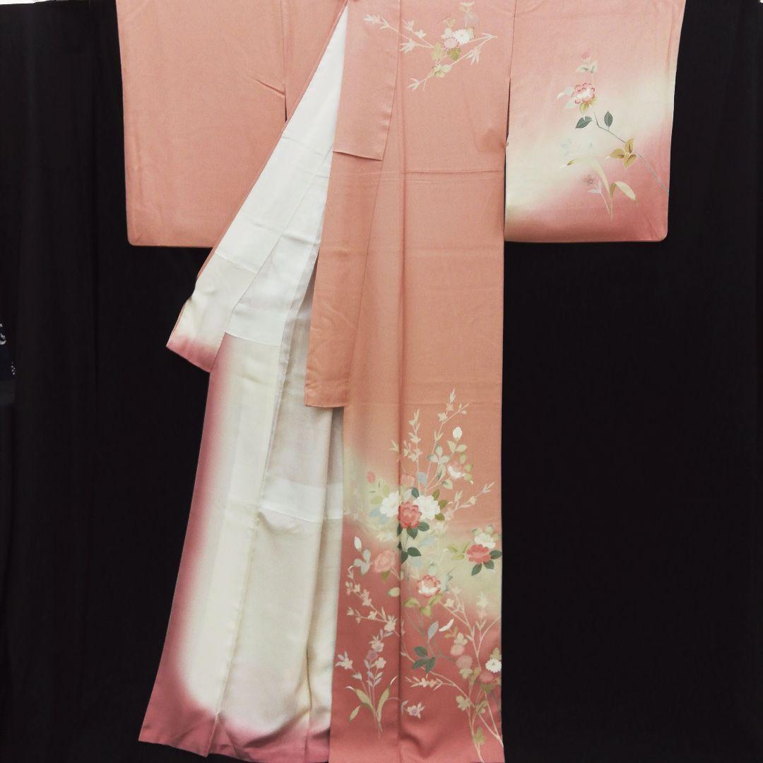 訪問着(袷)　(友禅四季の花紋様　トールサイズ裄69㌢　宍色系　一つ縫い紋)