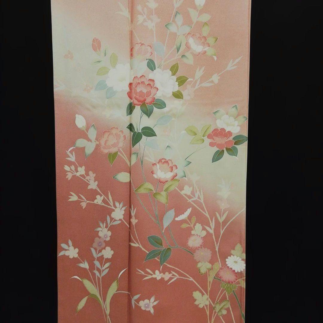 訪問着(袷)　(友禅四季の花紋様　トールサイズ裄69㌢　宍色系　一つ縫い紋)