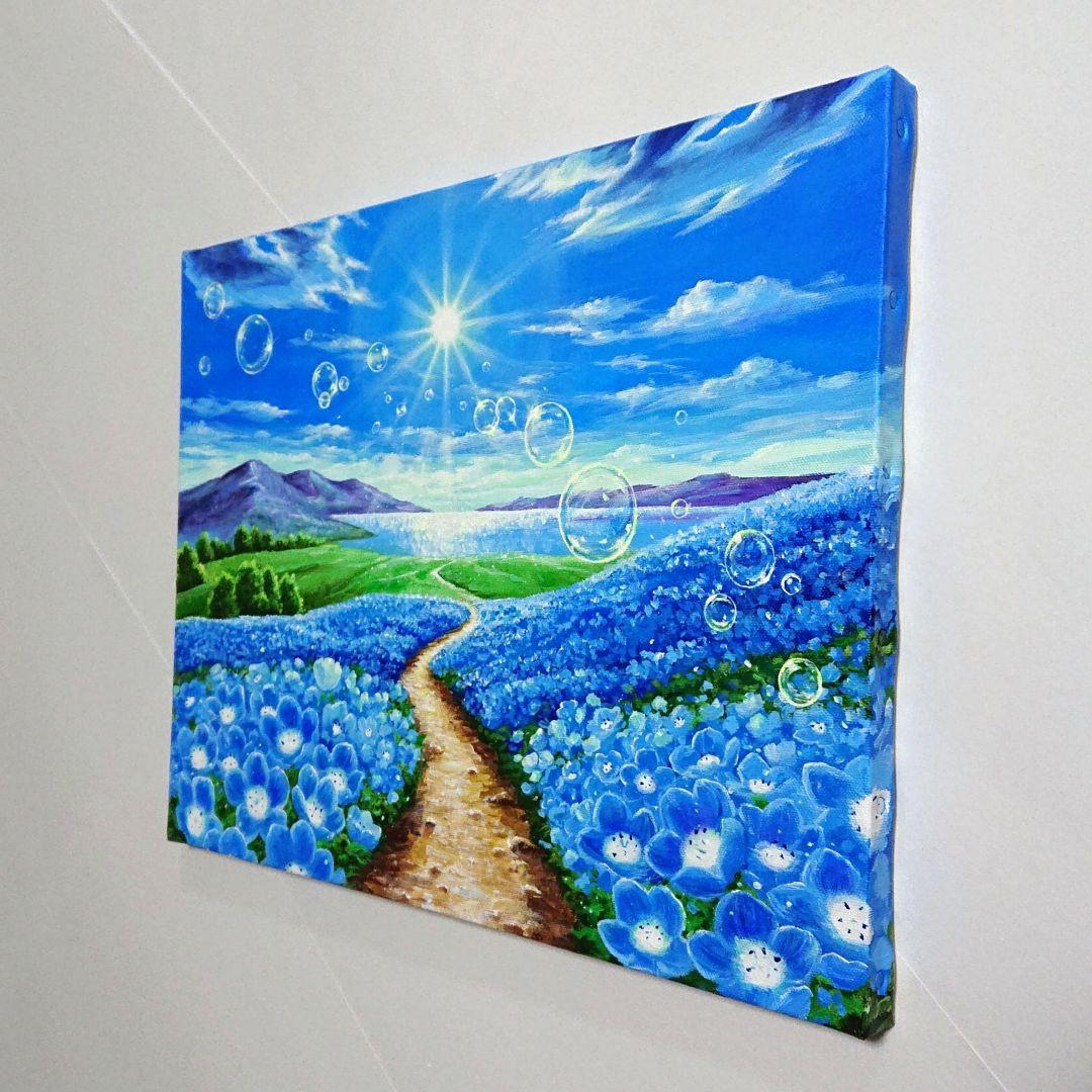 【ネモフィラが続く道】アクリル画 F6 風景画 絵画